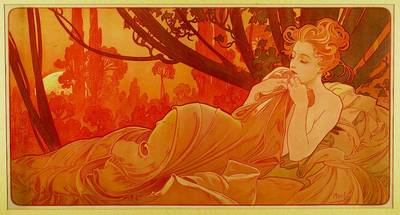 Mucha, Alphonse, 1860 Ivancice-1939 Prag, Crépuscule, Farblithographie, im Stein signiert, Passepartout, unter Glas gerahmt, ca. 48x87cm