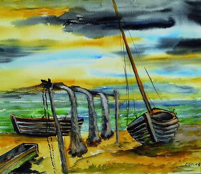 Arnold Fiedler, 1900-1985, Segelboote am Strand, Aquarell/Papier, rechts unten sign., ca 48x57cm, Rahmen