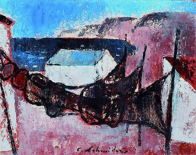 Carl Schneiders, 1905-1974, Fischernetze am Meer, Öl/Malkarton, signiert, ca. 38x46cm, Rahmen