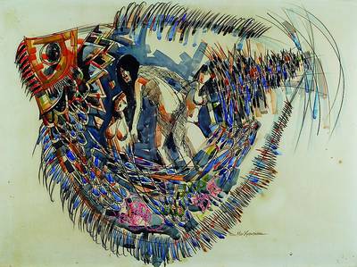 S. Mukmanee, o.ä., Mitte 20. Jh., 3 Frauenakte im Bauch des Fisches, Mischtechnik/Papier, schwer lesbar signiert, ca. 55x76cm, Rahmen