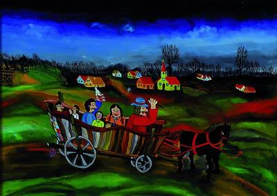 Matina Milica Zivkovic, geb. 1954 Hlebine/ Kroatien, bekannte naive Künstlerin, Kutschfahrt, Hinterglasmalerei, signiert, datiert 1974, ca. 50x70cm, ...