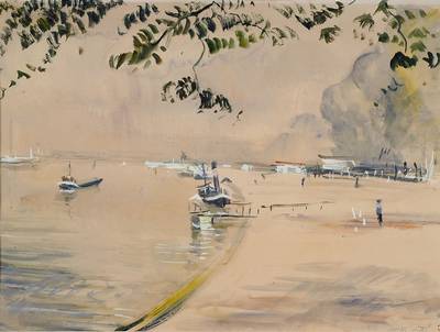 F.B. Huber, datiert (19)39, Am Seeufer, Gouache und Aquarell auf Papier, gebräunt, rechts unten signiert und datiert, in den Ecken ...