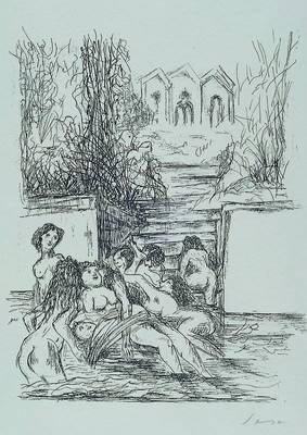 Max Slevogt, 1868 Landshut - 1932 Neukastel, Badespass auf der Insel, Lithographie, handsigniert, Passepartout, unter Glas gerahmt, ca. 25x30cm