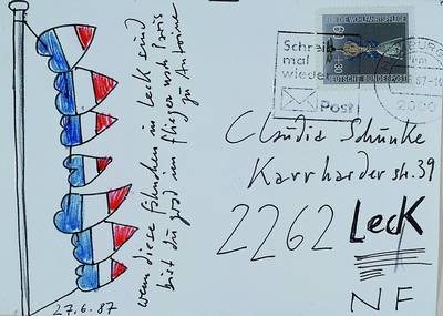 Janssen, Horst, 1929-1995, Postkarte mit kleiner Zeichnung von 1987, Text: Wenn diese Fischchen in Leck sind, bist du erst im Flieger nach Paris zu ...