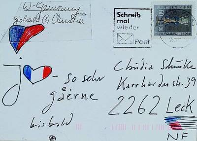 Horst Janssen, 1929-1995, Postkarten Multiple mit kleiner Zeichnung, an seine Geliebte Claudia Schunke von 1987, ca. 10x15cm