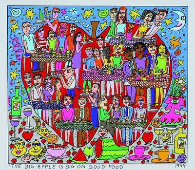 James Rizzi, 1950 - 2011, The big apple is big on good food, Farblithografie von 1999 auf Bütten, Blattgröße 27x25cm, Motivgröße20x18 cm