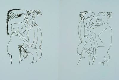 Pablo Picasso, 1881-1973, zwei Lithographien, erotische Szenen, datiert 1964, unter Glas, gerahmt, ca. 33x24cm