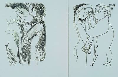 Pablo Picasso, 1881-1973, zwei Lithographien, erotische Szene, datiert 1964, Passepartout, unter Glas gerahmt, je ca.32x24.5cm