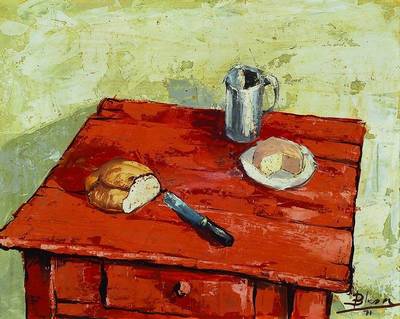 Manuel Blesa, geb. 1945, Stillleben mit Brot und Käse, Öl/Spanplatte, signiert, ca. 40x50cm