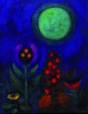 Helmut Vetter, 1923 Aschaffenburg-2009 Eichsel, Mond über Gartenblumen, Öl/Holz, rechts unten signiert, ca. 64x50cm, Rahmen
