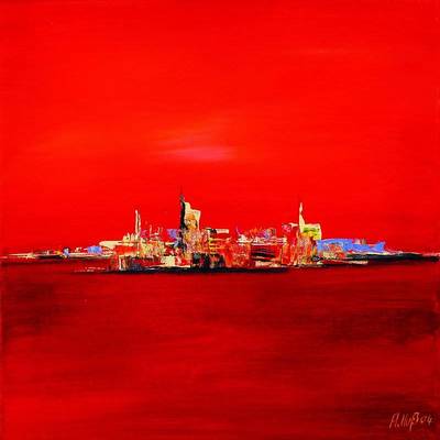 A. Nuß, datiert 04, zwei Pendants mit stilisierten Stadtsilhouetten, Acryl/Lwd, signiert, je ca. 40x40cm
