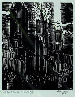 Frans Masereel, 1889-1972, Gents grootheidleidt haar toekomst, Holzschnitt, rechts unten handsigniert, num. 376/750, ca. 40x30cm, unter Glas, Rahmen