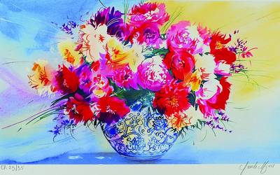 Claude Mars, geb. 1942, 2x Blumenbouquet , Farblithografie, Künstlerexemplare, handsigniert und num. EA 23/35 bzw. EA 24/35,30x44,8 cm