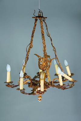 Deckenlampe, deutsch, um 1900, Messing vergoldet, 10 Brennstellen, später elektrifiziert, H. ca 90 cm, B. ca. 75 cm