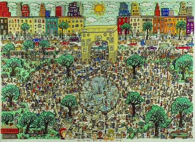 James Rizzi, 1950 New York - 2011, Washington ain't No Square Park, seltene handgeschnittene Lithographie in 3D- Konstruktion, links unten ...