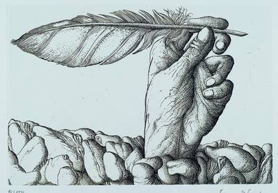 Günther Grass, geb. 1927, Hand mit Feder, Radierung, rechts unten handsigniert, Num. 10/150, Blattgröße 24,5x36 cm, Gesamt.42x56,5 cm, unter Glas ...