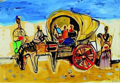 Richard Schreiber, 1904-1963 Düsseldorf, Familie mit Eselskarren, wohl Südspanien, Tinte und Gouache auf Papier, rechts unten signiert, ca. ...