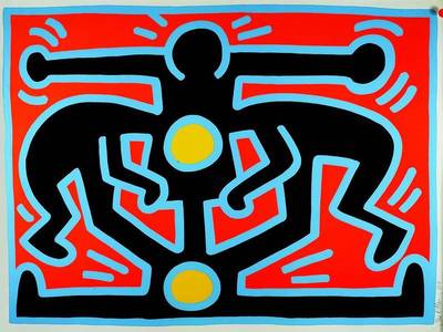 Keith Haring, 1985-1990 New York, ohne Titel, Farbserigraphie, links unten handsigniert und datiert 88, 73/100, aufwendige Kunststoffrahmung, ca. ...