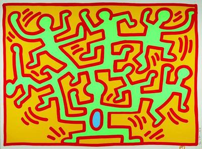 Keith Haring,1985 - New York 1990, ohne Titel, Farbserigraphie, links unten signiert und datiert 88, 89/100, aufwändig gerahmt unter Kunststoff, ca. ...