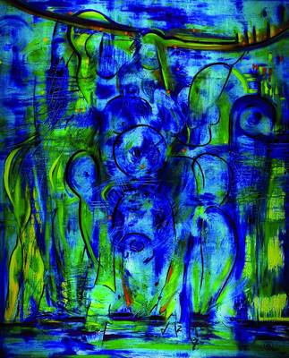 Brigitte Maria Kopp, geb. 1957 Freising, lebt und arbeitet seit 1990 in Bali,hier: abstrakt-figurale Komposition, Öl/Malkarton, rechts unten ...