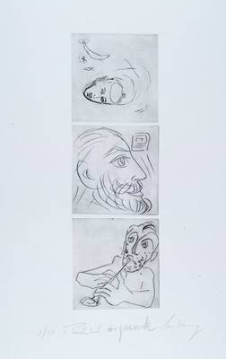 A.R. Penck, Helge Leiberg, Frank Breidenbruch, drei Radierungen auf einem Blatt, von allen drei Künstlern handsigniert, num. 2/30, Motivgröße je ...