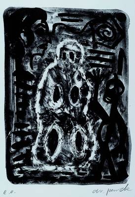 A.R. Penck, geb 1939, Lithographie in schwarz,rechts unten handsigniert, links bez. mit e. a. , ca. 45,5 x 33,5 cm, unter Glas, gerahmt