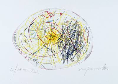 A.R. Penck (geb. 1939) und Frank Breidenbruch (geb. 1963), aus dem Projekt Centro Spirituale-Himmlische Stürzer, Farbradierung auf Bütten, von ...