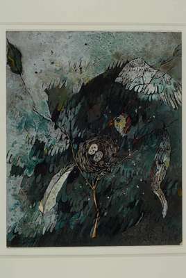Bernd Kastenholz, geb. 1943, Gouache von 1982, "Federgespräch", signiert, ca. 23x19,5 cm, unter Glas gerahmt