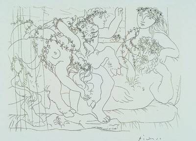 Picasso, Pablo, 1881-1973, Ruhender Bildhauer vor einem Bacchanal mit Stier, Lithographie nach der Auflage Suite Vollard,300 Exempl. auf Velin, ...
