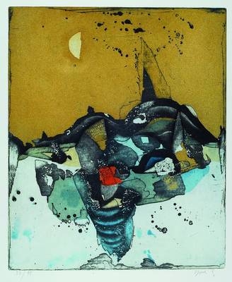 Yoshi Takahashi, 1943-1998, Schwarze Berge, Lithographie in vier Farben von 1985, 33/95, rechts unten signiert, ca. 40x33 cm, unter Glas gerahmt