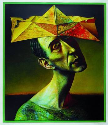 Rudolf Hausner 1914-1995, Gelber Narrenhut, Farblithographie, 827/1000, rechts unten signiert, ca. 62,8x54,0 cm, unter Glas, gerahmt