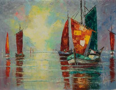 Unbekannter Maler der 1960er Jahre, Fischerboote im Abendlicht, Öl/Lwd, rechts unten unleserlich signiert, ca. 60x80 cm, Rahmen