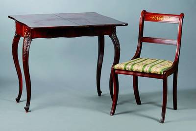 Spieltisch, um 1860, Mahagonifurnier, dazu 1 Stuhl, im viktorianischen Stil, passend aber nicht dazugehörig, Tisch aufklappbar, Beine mit ...