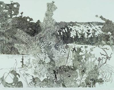 Anthony Gross, 1905-1984, "Landscape with praying mantis (Gottesanbeterin)", Radierung, signiert, nummeriert 167/250, ca. 34,5 x 45 cm