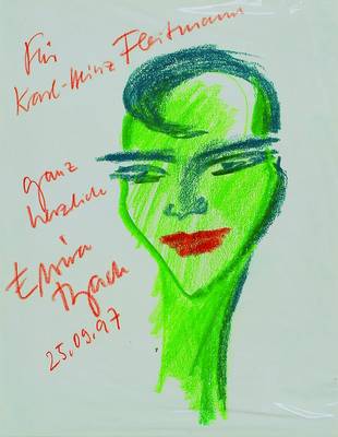 Elvira Bach, geb. 1951, Selbstporträt, Farbkreide auf Papier, mit Widmung: Für Karl-Heinz Fleitmann, ganz herzlich Elvira Bach, 25.9.97, ...
