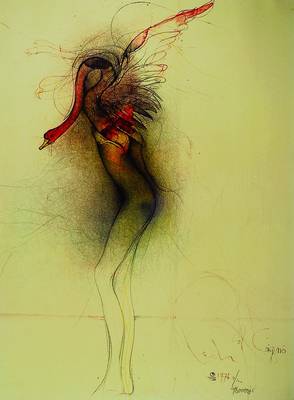 Bruno Bruni, geb. 1935 Gradara/Italien, Originallithographie, Leda col. cigno III, 1976, WVZ 166, Gesamt ca. 94x74 cm, unter Glasgerahmt