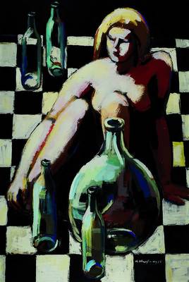 Karl Hufnagel, Harthausen/Pfalz 1906- 1995 Speyer, Mädchen umgeben von Flaschen, Öl/Hartfaser, ca. 114,5x79 cm, Rahmen