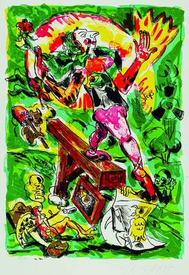 Jörg Immendorff, 1945-2007, Lithographie, Artisten, 78/99, handsigniert und dat. 95, grüner Hintergrund, Bühnenbild zu "The rakes ...