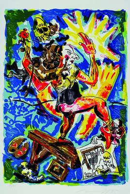 Jörg Immendorff, 1945-2007, Lithographie, Artisten, 78/99, handsigniert und dat. 95, blauer Hintergrund, Bühnenbild zu "The rakes ...