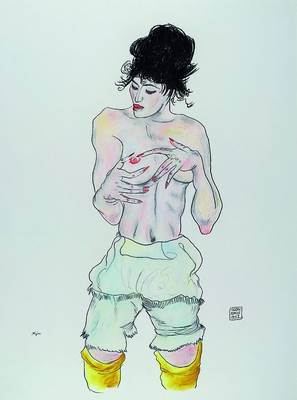 Konrad Kujau, 1938-2000, Weiblicher Halbakt, Bleistift und Buntstift nach Egon Schiele, links unten signiert, Blattgröße ca. 80x60cm, unter Glas, ...