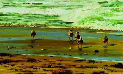 Zeitgenössischer dänischer Maler, Möwen am Strand, Öl/Lwd, rechts unten unleserlich signiert Brungard o. ä., ca. 30x50 cm, Rahmen