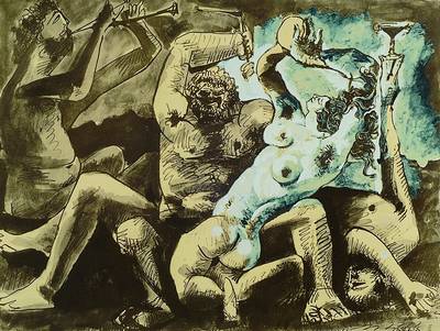 Daniel Jacomet, 1894-1966, nach Pablo Picasso, Bacchanale, Pochoir-Lithographie realisiert von D. Jacomet Paris 1967, Auflage 2000 Exemplare, rechts ...