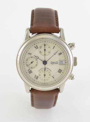 AUGUSTE REYMOND Automatik-Chronograph, Schweiz um 1990, 2-teiliges Stahlgeh. mit Glasboden, gedr., runde Drücker, vers. Strukturziff. mit röm. ...