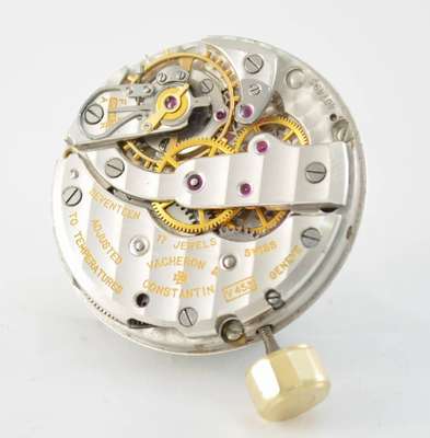 VACHERON CONSTANTIN Uhrwerk Kal. 453, Schweiz um 1950, hochfeines 12 1/2 lig. rhod. Ankerwerk mit Genfer Streifen, Feinregulage, Gluc.-Unruh, ...
