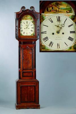 Standuhr, England um 1830/40, Holzgehäuse intarsiert, bemaltes Bogenzifferblatt mit kl. Sekunde,sign.: William Bull, Leicester, (Lit. Loomes, S. ...