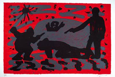 A.R. Penck, geb. 1939 Dresden, Farblithographie, Darstellung einer Mordszene,handsigniert und num. 1/2, ca. 100x70 cm