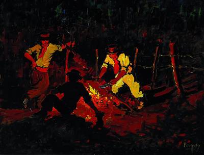 Francisco Pompey Y Salgueiro, 1887-1974, Asado nocturno, rückseitig so betitelt, Männer am Lagerfeuer, Öl/Hartfaser, rechts unten signiert, ca. ...