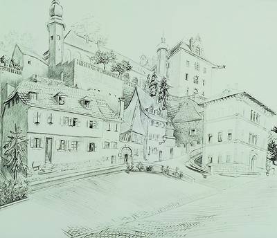 Karl Hubbuch, 1891-1979, Das Schloß in Baden-Baden, Radierung, rechts unten handsigniert (stark verblasst), ca. 26x30 cm, unter Glas, Rahmen
