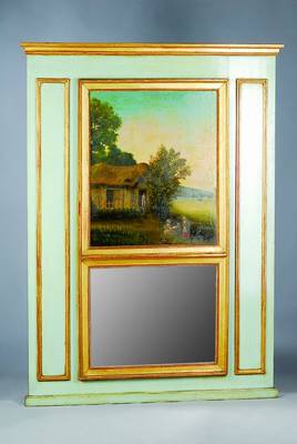 Trumeau, um 1900, Rahmen Weichholz, grün undgoldfarben gefasst, Gemälde um 1830, Öl/Holz, "Bauernhaus am See", nach holländischem ...
