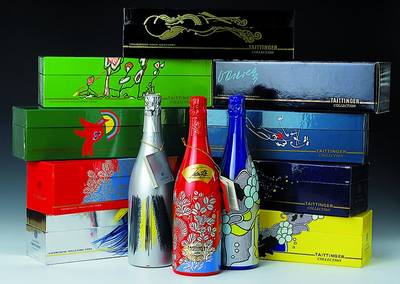 Komplette Kollektion Taittinger Champagner, 9 Flaschen, Künstlerentwürfe von Corneille, Imai, Lichtenstein, Hartung, Arman, Viera da Silva, Masson, ...